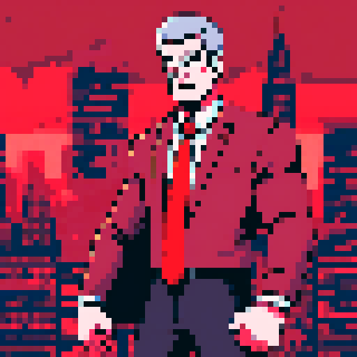 Portrait of an angry business CEO, pixel art, sRGB, sharp suit, furrowed brows, clenched fists, red tie, towering office building, city skyline, intense expression, fiery red background