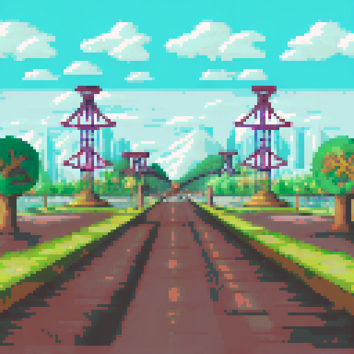 wide shot amusement park, whimsical carousel, towering roller coaster, ferris wheel in motion, pixel art style