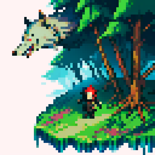 corrupted plastic waste wolf, rabid, forest biome, isometric view, cartoony, larger head, pixel art