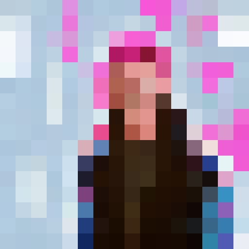 Rick Astley's beaming smile and tousled hair framed by vibrant, neon pink and blue pixels, resembling a 16x16 game icon in a retro pixel art style