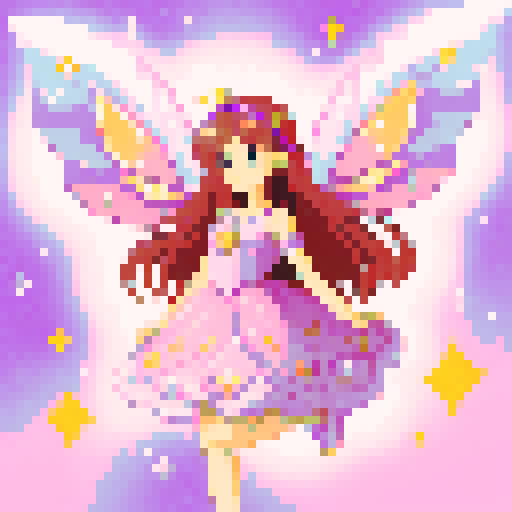 fairy girl with sparkly wings in pixel art style, surrounded by pink and purple flowy patterns, long brown hair and sparkles around her