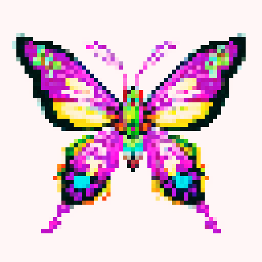 Ethereal, vibrant, pixelated, and intricately detailed cross stitch pattern of a magical moth, showcasing its graceful wings with a burst of vivid colors on an sRGB canvas