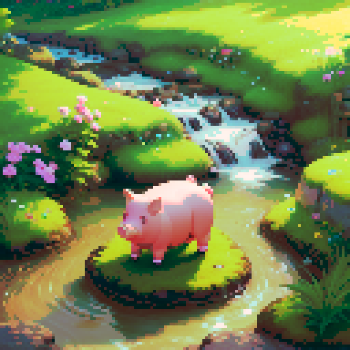 wise pig character , sitting  next to a small stream flowing through a large field, in a vibrant and detailed fantasy RPG art style