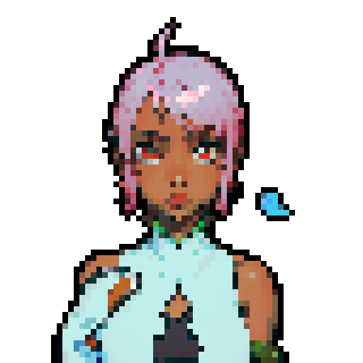 Teenage black girl with pink hair and orange eyes