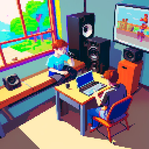 Friends sitting in a room together, all of them wearing street wear, one boy playing on his phone, another boy playing video games, and the final boy sitting in front of a computer. the computer he uses has musical equipment surrounding it and large speakers to playback sound