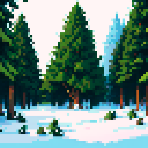 Winterly jungle with towering evergreen trees, snow-covered ground, icy landscape small colourfull details