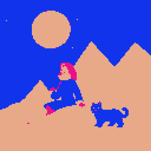 Woman with auburn hair and a black cat with yellow eyes in between towering, snow mountains in space