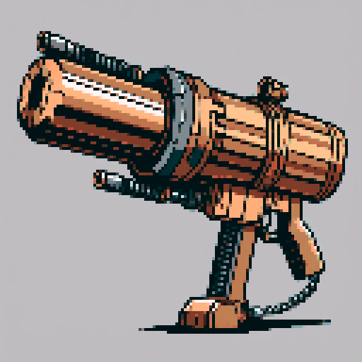 I want a big copper minigun viewed from from the side. It should not be on a stand buy instead floating in the center of the frame. It should have strange mechanical details that could interlock with others. I want this object usable an asset in a videogame, meaning only one object per image, outlined with a strong black stroke, on a solid-color background. 