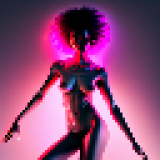 Makima, alluring and confident, perches nude atop a sleek black chair, her form illuminated by a neon pink glow, beckoning to the viewer in a hyperrealistic digital art style.