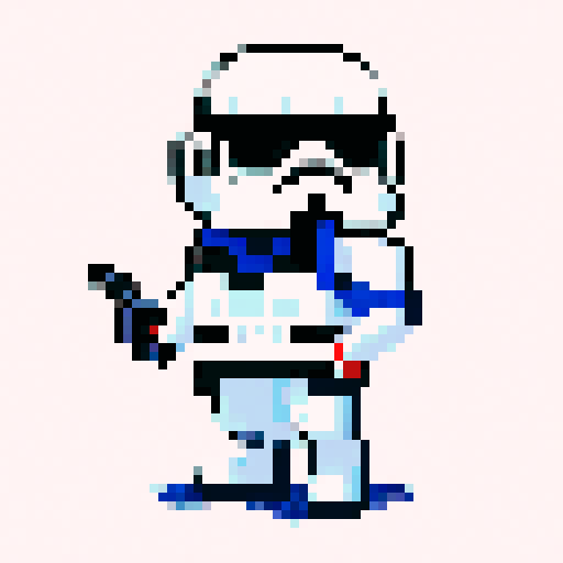 pixel little stormtrooper game character, full body, blaster, pixel art, sRGB