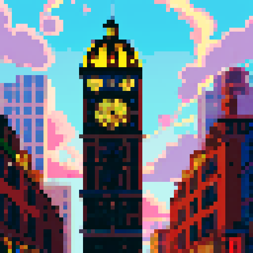 steam clock tower, towering above the bustling city with intricate gears and valves, emitting plumes of steam against a vibrant pixelated backdrop, showcasing the vivid colors of the sRGB spectrum