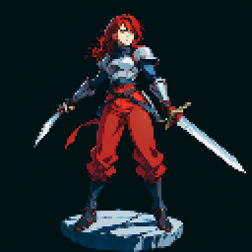 Sprite of a JRPG character with red hair, silver armor, blue pants and black shoes, holding a sword.