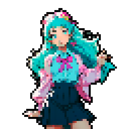 Name: Maihara Fuuka
Gender: Female
Age: Around 20, looks cute and lovely
Hair: cyan long hair, vivid eyes with a smile.  
Eyes: winking, expressing cute and some kind of tricking.
Clothing: wearing skirt.
Outfit: Expressing herself as a lovely young girl.
Accessories:  A flower on the head.
Pose: Only one hand shaking to you, smiling, and the other hand is putting behind back. Seems like verying welcoming. Stooping slightly.