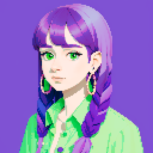 Portrait of a non binary person with long purple and green hair, feather earrings on one ear, and a tropical buttoned down shirt 