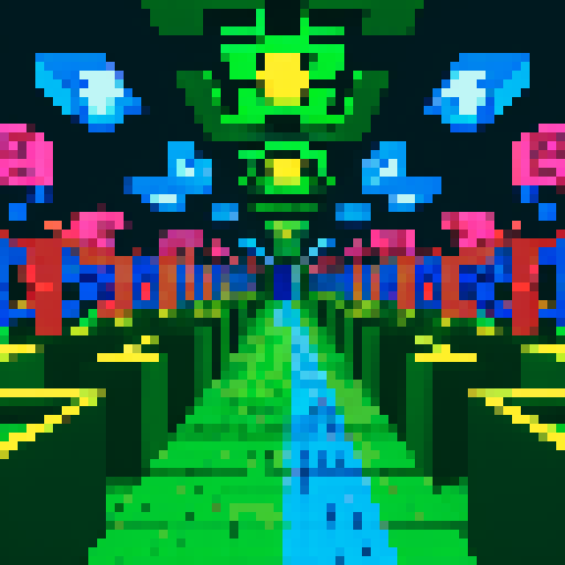 maze, intricate pathways, vibrant colors, isometric perspective, pixelated walls, hidden treasures, winding corridors, challenging puzzles, retro aesthetic, low-resolution sprites, 8-bit graphics, neon lights, glowing orbs, immersive atmosphere, maze runner, abstract patterns, symmetrical designs, mind-bending illusions, visual complexity, labyrinthine structure, nostalgic vibes, immersive gameplay
