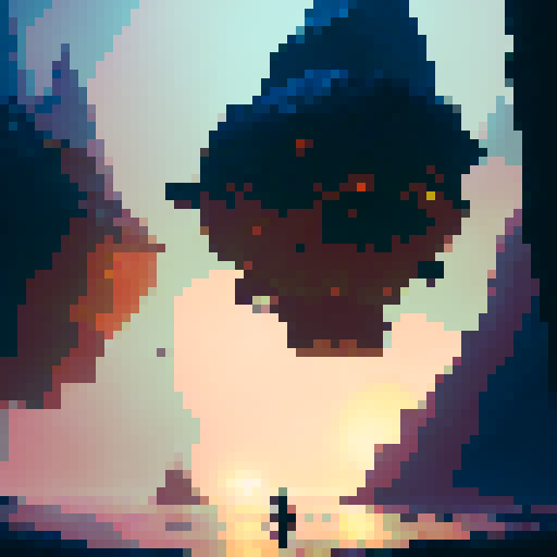 Fishermen with lanterns, their silhouettes barely visible through the thick fog as they dance on the beach beneath the stunning, cinematic sunset of a gloomy, fantasy RPG village