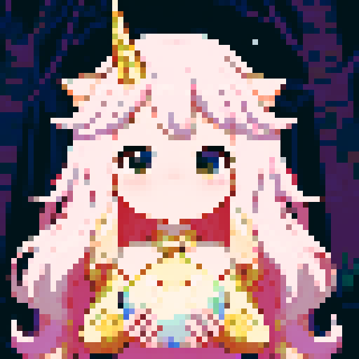 unicorn woman hybrid with cloven hooves, ethereal mane flowing, delicate golden horn, playful expression, bathed in the moons glow in a forest, clear detail, pixel chibi art style