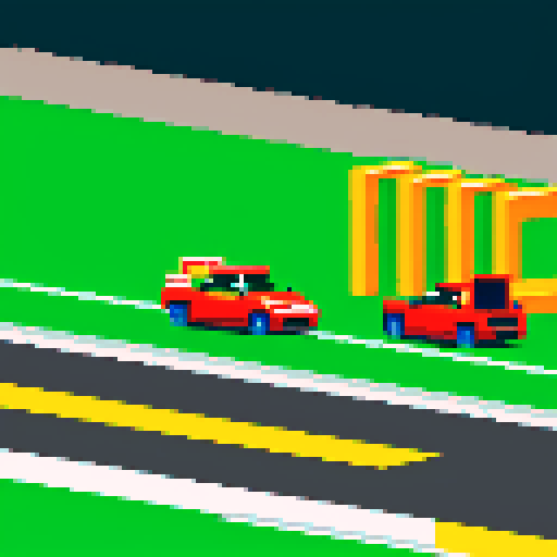 the start of the race, the race track cars are in a row, the traffic lights show green, the race begins