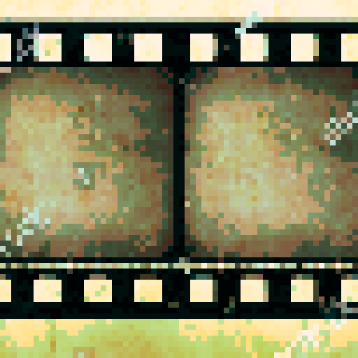 Create a pixel art scene depicting an unspooled film strip. The film strip should be laid out in a random, slightly tangled fashion with no reel visible. The strip should have evenly spaced rectangular frames, some showing classic movie scenes in a pixelated style. Ensure the background is plain and does not distract from the film strip. Use a limited color palette to maintain the pixel art aesthetic, focusing on shades of black, white, and gray for the film strip, with subtle hints of color in 
