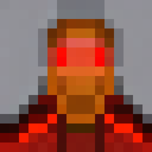 A fiery demon with red, glowing eyes and sharp horns, depicted in a 16x16 pixel portrait style, standing atop a mountain of skulls and holding a pitchfork.