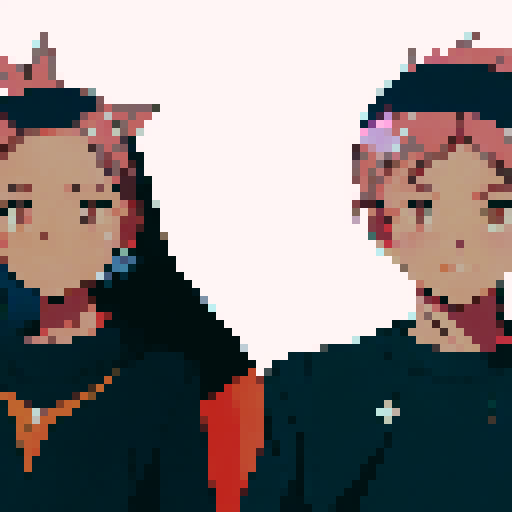 Blushing, wide-eyed anime couple with pastel pink hair and matching heart-shaped earrings, snuggled up in a cozy, autumn park, surrounded by golden leaves and a warm, orange sunset