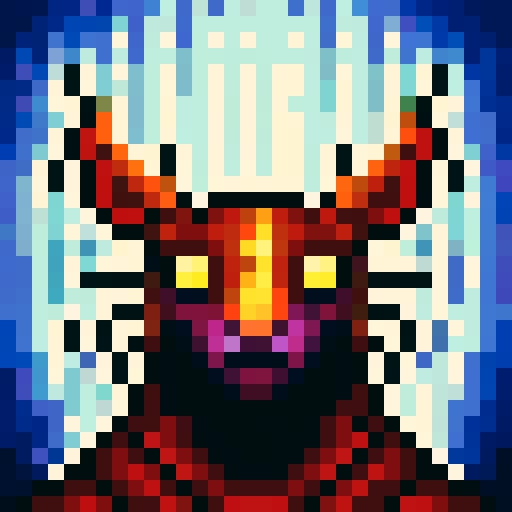 Dragon head, fierce expression, vibrant colors, sharp scales, glowing eyes, fiery breath, intricate horns, textured skin, intense shadows, dynamic composition, stylized details, pixelated features, exaggerated proportions, limited color palette, iconic symbol, intense contrast, powerful presence