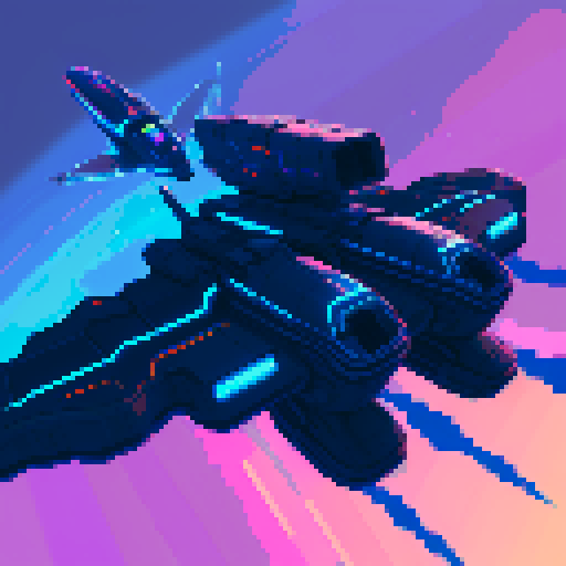 futuristic spaceship hovering above rocky planet, vibrant sky, game icon