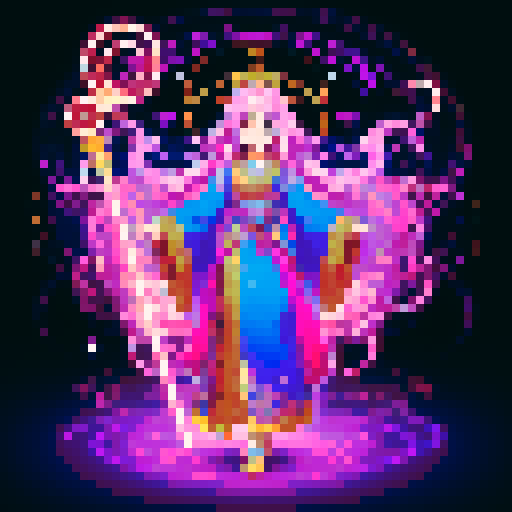 legendary anime girl wizard, long flowing hair, vibrant and dynamic colors, glowing magical staff, intricate and ornate robes, intense and focused expression looking to the right, not wearing shoes, sparkling and shimmering background, detailed and precise pixel art
