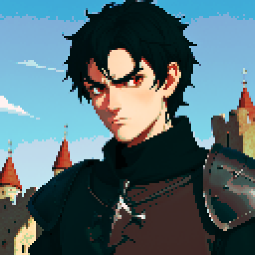 Young man knight, short black hair, rugged medieval knight clothes, sad face, red eyes, a frown. Handsome. Sharp jawline. Medieval city background. Anime style. Fantasy rpg.