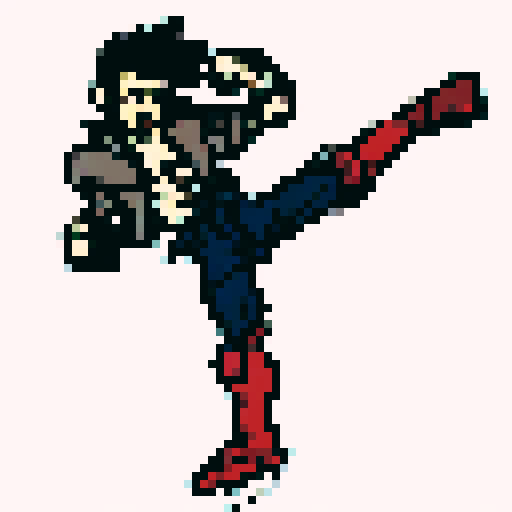 Denim-clad punk thug executes a stylish high kick, grunting fiercely, sporting a gray jacket, blue pants, and brown boots, with an edgy art style.