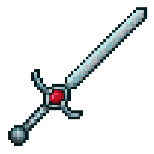A sword with an embedded ruby and a steel handle, laid diagonally, with transparent background