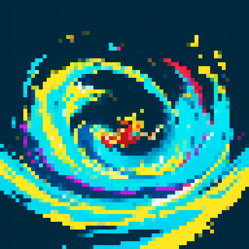 swimming fast, vibrant colors, sharp edges, retro aesthetic, low resolution, bold lines, limited color palette, 8-bit graphics, dynamic motion, lively pixels, high saturation, energetic strokes, digital art, lively animations, fluid movement, playful composition, abstract shapes, pixilated waves, vibrant underwater scene
