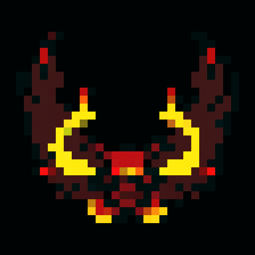 A fiery demonic creature with flames flickering on its body, larger wings, and glowing red eyes. It emits a faint glow and has a sinister expression. No background.
