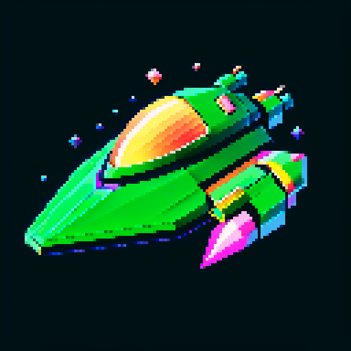Green spaceship, retro, low resolution, vibrant colors, geometric shapes, angular design, glowing thrusters, metallic finish, glossy surface, starry background, cosmic atmosphere, sci-fi aesthetic, futuristic, extraterrestrial, otherworldly, nostalgic, video game-inspired