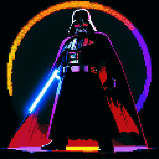 Darth Vader, menacing in pixel art, with vibrant sRGB colors capturing his dark presence, in a dramatic pose with billowing cape and glowing lightsaber
