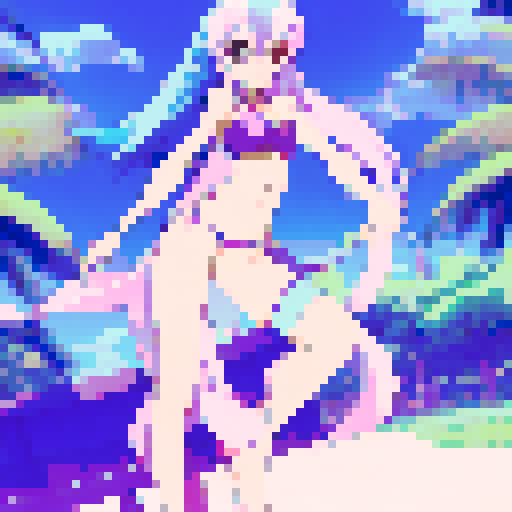 Bikini-clad beauty lounging on a tropical beach, surrounded by palm trees and crystal-clear waters, with her long, flowing hair and curvaceous figure depicted in a vibrant anime style.