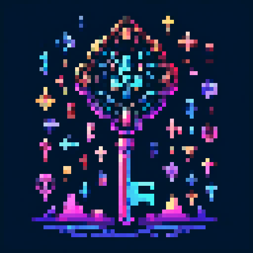 magical key, glowing with vibrant colors, surrounded by mystical symbols, rendered in intricate pixel art, against a background of dark sRGB hues