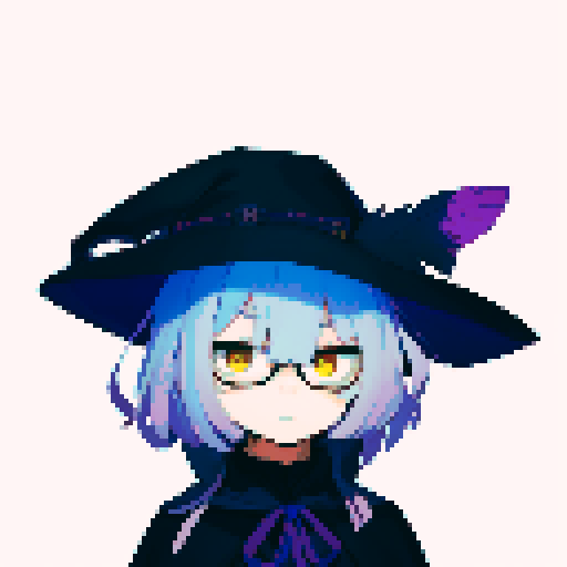 male, symmetrical face, closed mouth, yellow eyes, hair between eyes, solo male, straight-on, facing viewer, light blue hair, bob cut, white pupils, tsurime, pepekekeko, long bangs, flowing sleeves, capelet, perfect anatomy, blunt bangs, intricate details, witch hat, feather, glasses, pixel art, sRGB, grumpy 