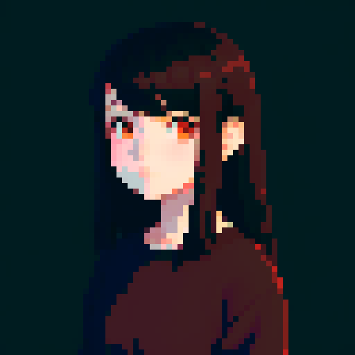 portrait, sprite art, young woman, dark eyes, dark hair, shy, cozy