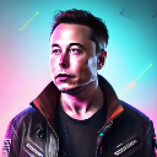 Futuristic, neon-lit, cyberpunk-style portrait of tech mogul Elon Musk featuring a reflective visor, circuit board patterns, and a hovering Tesla Roadster.