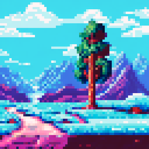 8-bit winter background with lots of sky with colour #29B5E8. Mountains, trees and snow.