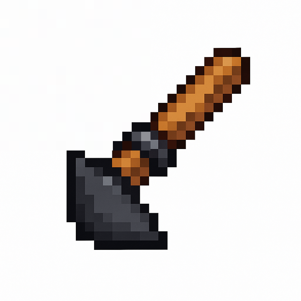 A sturdy farming hoe icon, tool head crafted from matte dark grey iron, sharp and defined blade edge, smooth polished wooden handle with a metal reinforcement ring, solid industrial look. pixel art style, 16x16 grid resolution, minecraft item icon style, flat 2D game asset, white background, no shadows, hard edges, diagonal tool view.