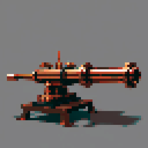 I want a copper rotary machine gun viewed from from the side. I want this object usable an asset in a videogame, meaning only one object per image, outlined with a strong black stroke, on a solid-color background.