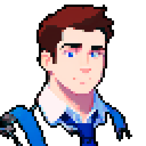 portrait, sprite art, young man, blue collar worker, buff, narrow eyes, himbo, dumb
