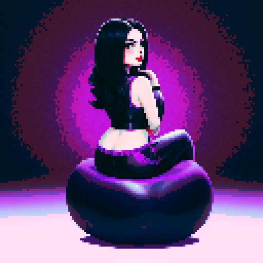 curvy goth girl sitting, black hair, purple eyeshadow, red lipstick, rear end view, rear view glamour shot, pixel art, vibrant sRGB colors, edgy aesthetic, pixel art, sRGB