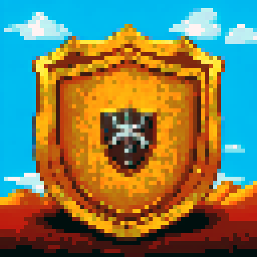 fantasy pixel art shield, two engrailed top, elaborate metallic gold edge, solid wooden field, solid black background, sRGB style