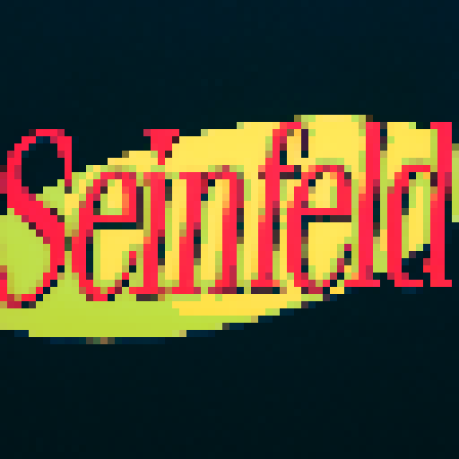 Seinfeld logo, vibrant colors, retro pixel art, sRGB