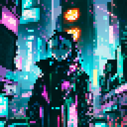 cyberpunk black market dealer, neon-lit cityscape, futuristic skyscrapers, pixelated anime character, vibrant colors, glowing cybernetic enhancements, holographic advertisements, bustling crowd, dystopian atmosphere