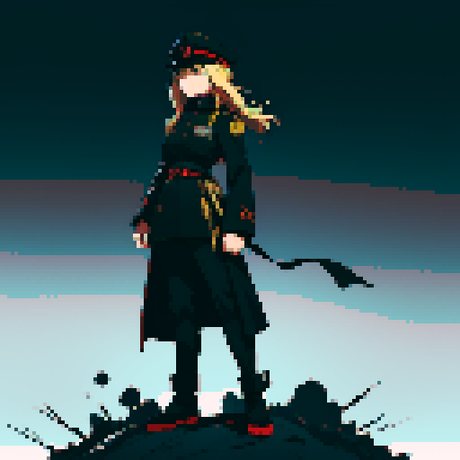 full-body image, military general woman, black uniform, black hat, army behind her, fortress, evil