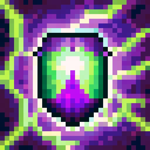 Vibrant green, swirling clouds, glowing purple crystals, and a towering mountain range in the background, all framing a close-up portrait of an alien creature with glowing red eyes and iridescent scales, set in a 32x32 pixel art style